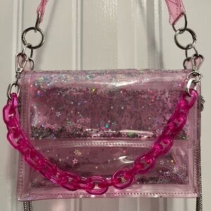 Electric Bubblegum Pink Liquid Glitter Star Clear Bag with Chain Strap